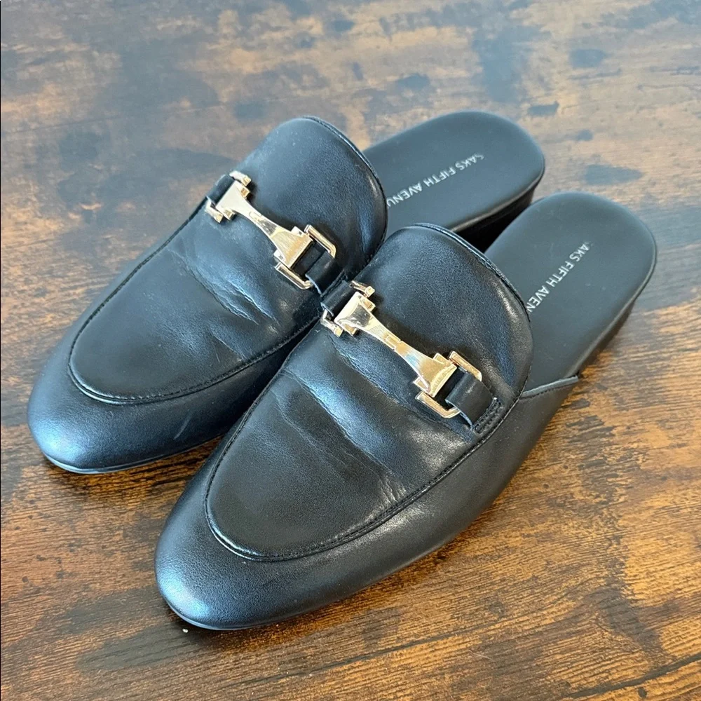 Saks Fifth Avenue Black Leather Slip-On Loafers with Gold Tone Bit - Picture 1 of 6